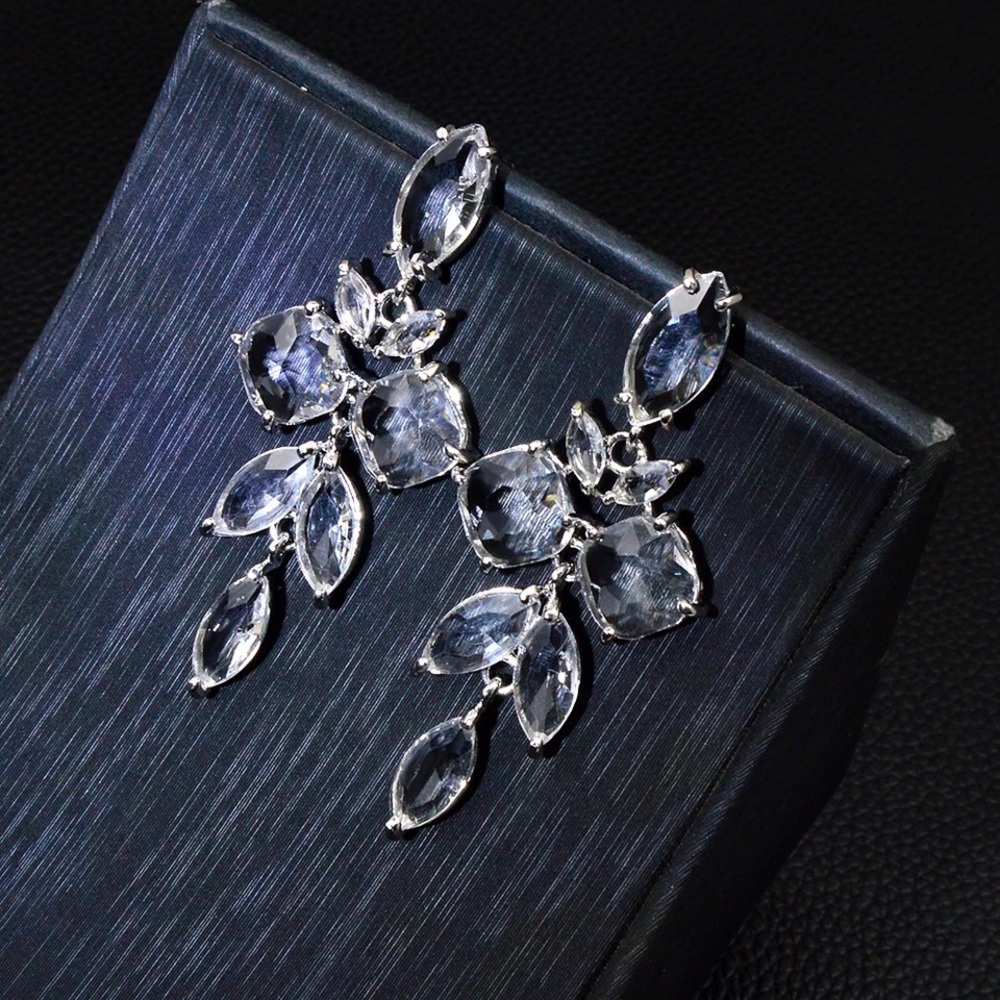Anthro Clear Crystal Clusters Large Long Leaf Shaped Dangle Drop Earrings